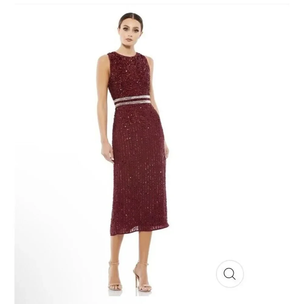 Mac Duggal Red Sequin Beaded Midi Sheath Cocktail Dress Gown Sz 6 $398 NWT 10509